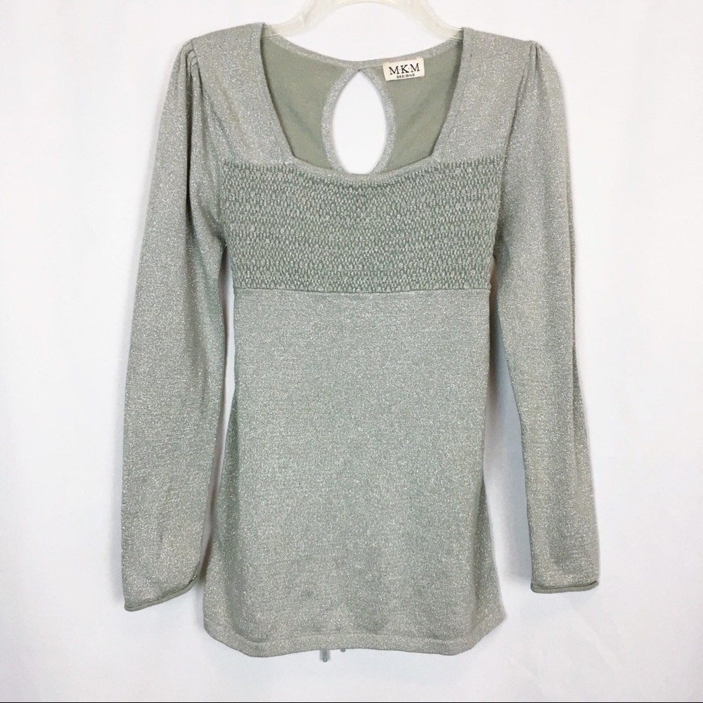 MKM silver sparkly tie waist key hole back top S